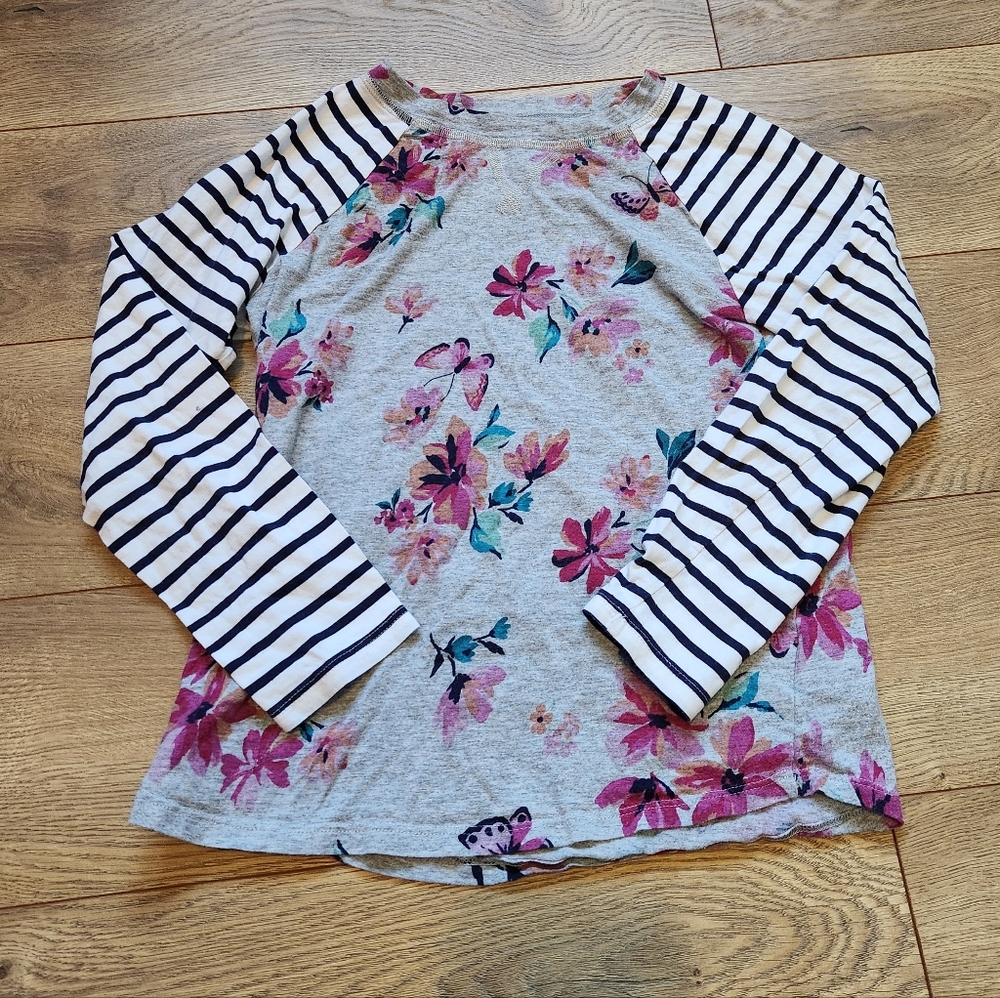 Girls' Long Sleeve Floral & Stripe Tee - Gray with Pink Flowers
